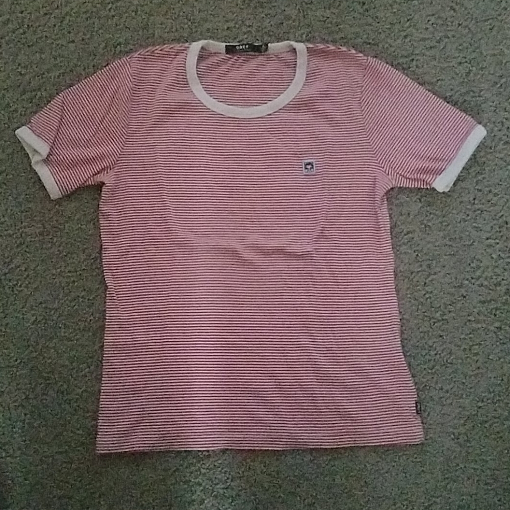 red and white striped Obey shirt